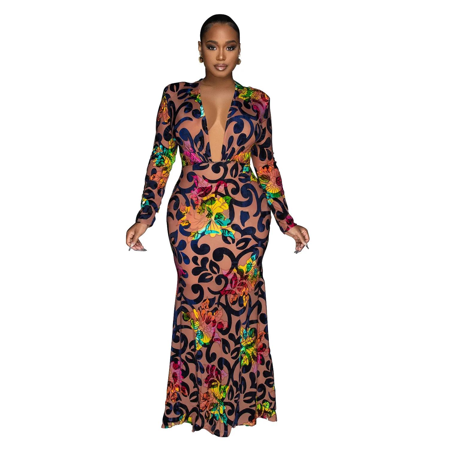 Summer African Print Dresses  Women Sexy African Long Sleeve V-neck Polyester Long Dress Maxi Dress S-2XL African D